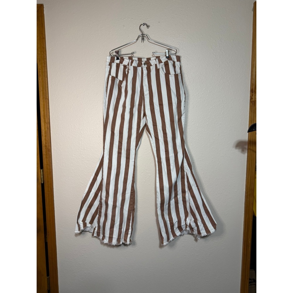 Saints & Hearts Brown White Striped Flare Jeans Frayed Hem Wide Leg Retro Boho L